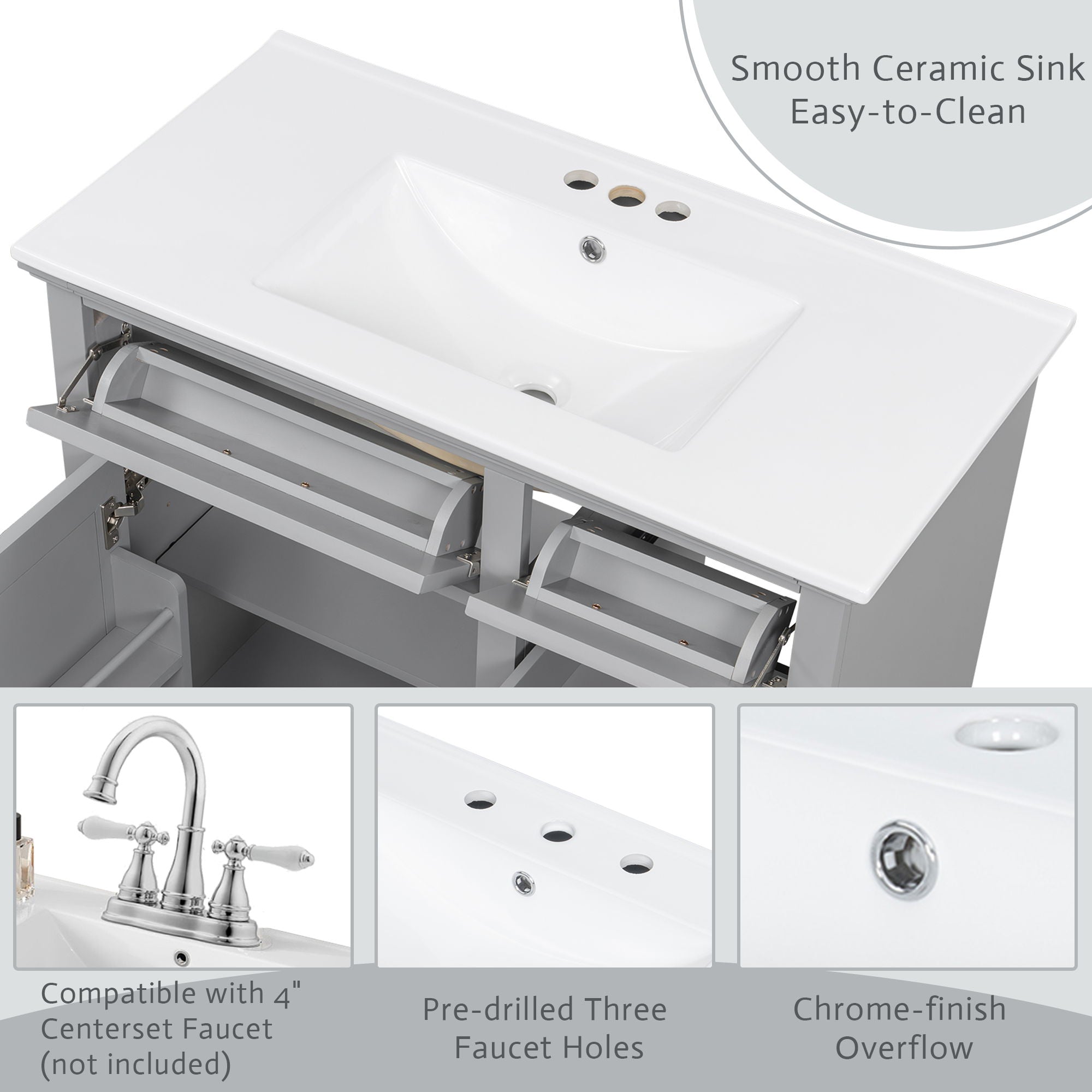 36" Bathroom Vanity With Sink, 2 Tip-Out Drawers, Soft Close Hinges by HouseOfZazla