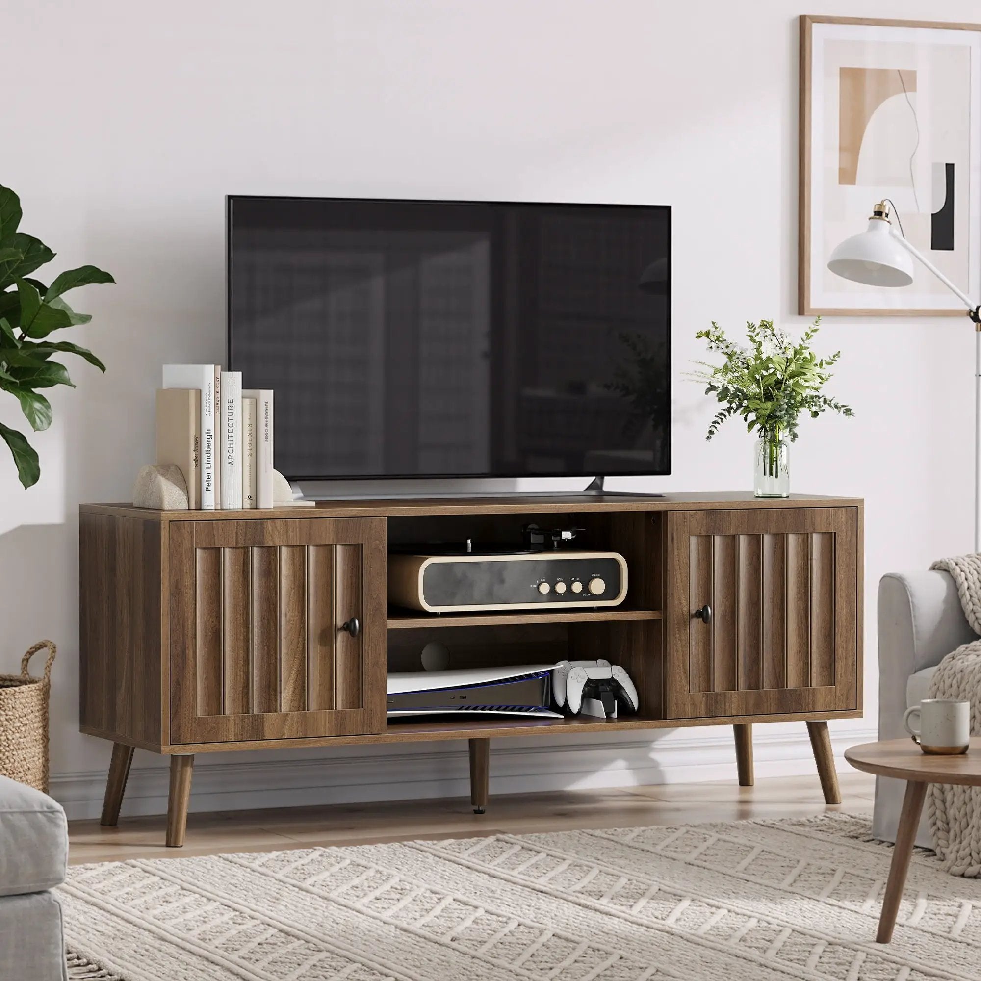 55" TV Cabinet With Vertical Groove Doors, Adjustable Shelves - Walnut by Unique Piece Furniture