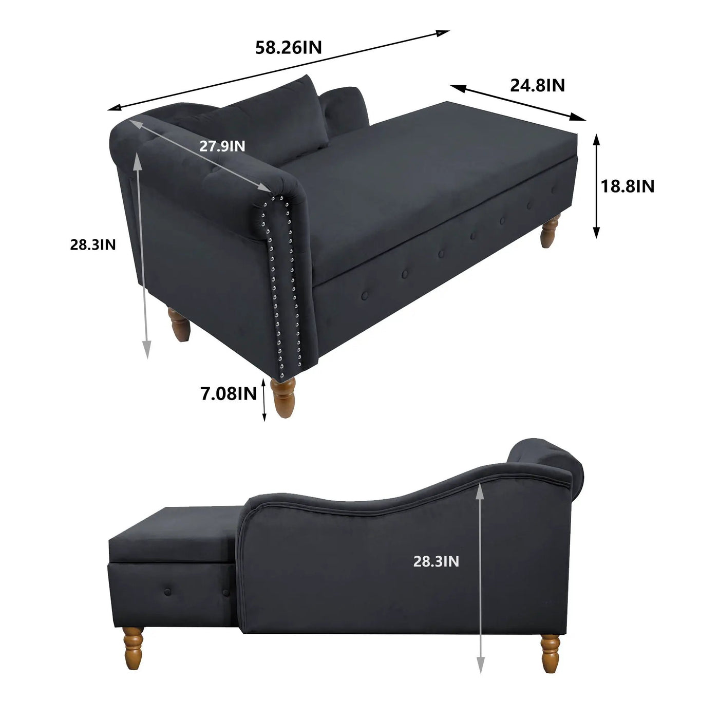 Chaise Lounge Indoor, Lounge Chair For Bedroom With Storage & Pillow, Modern Upholstered Rolled Arm Chase Lounge For Sleeping With Nailhead Trim For Living Room Bedroom Office by Unique Piece Furniture