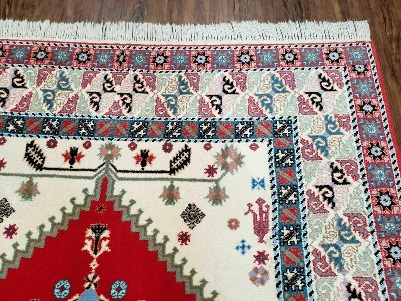 Vintage Moroccan Carpet 5x7 Area Rug, Berber Rug, Handmade Soft Wool Rug, Red Ivory and Blue, Geometric Medallion Rug, Bohemian Rug, Nice by Jewel Rugs