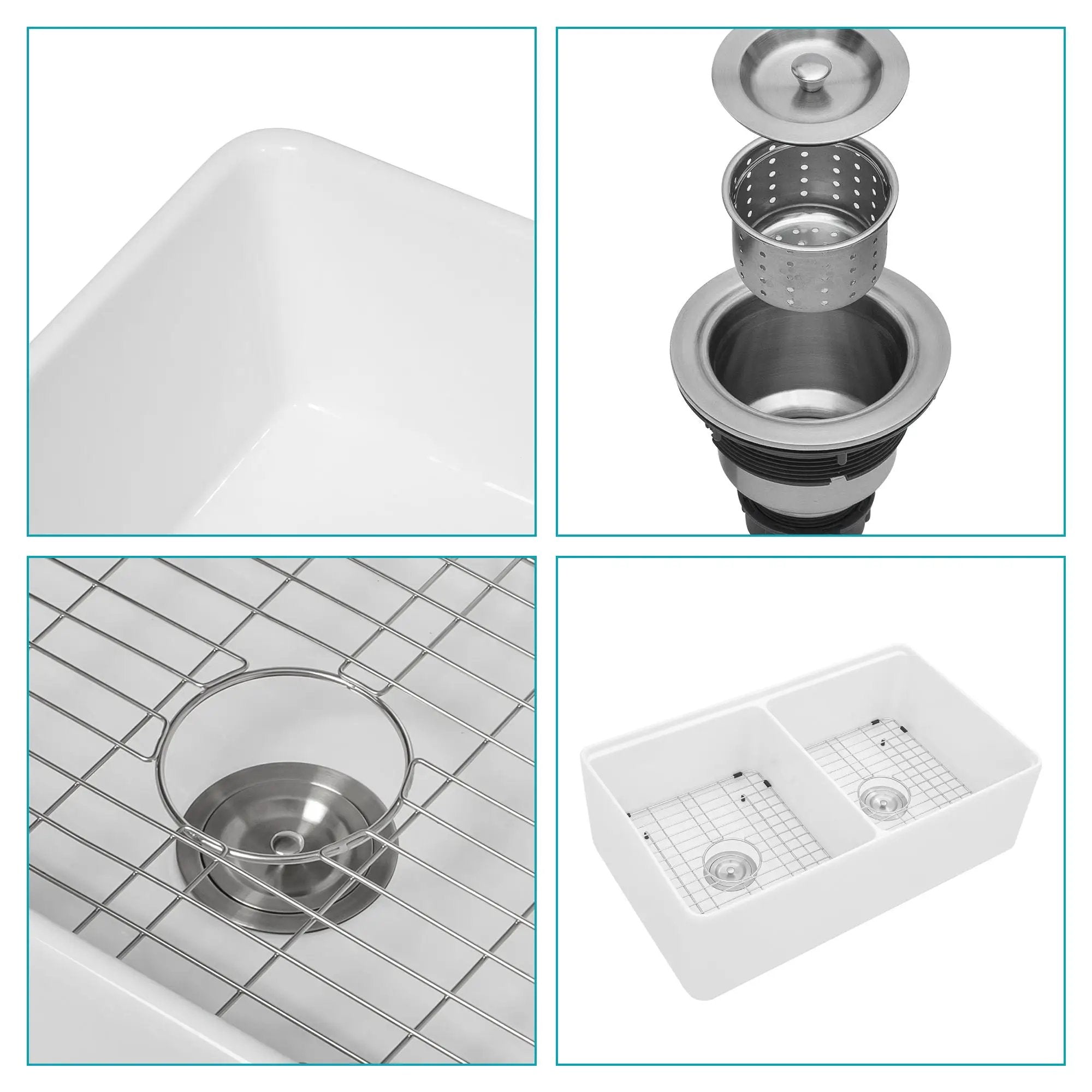 Double Bowl Sink Workstation 33" With Built In Work Surface And Accessories - White by HouseOfZazla