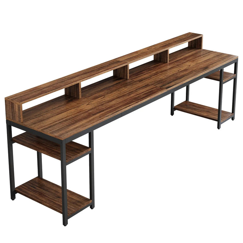 2 Person Desk With Monitor Stand, Long Office Workstation With Dual Storage Shelves And Frame - Brown / Black by HouseOfZazla