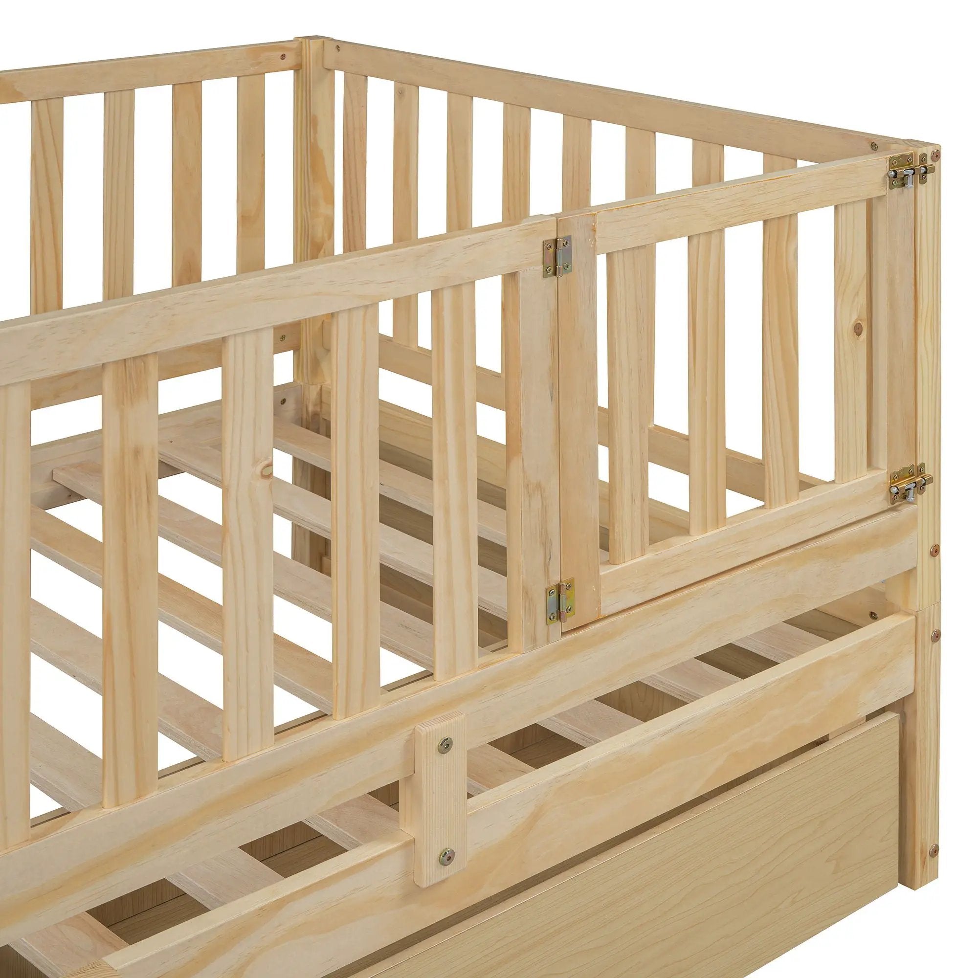 Daybed With Fence Guardrails And 2 Drawers, Split Into Independent Floor Bed & Daybed by HouseOfZazla
