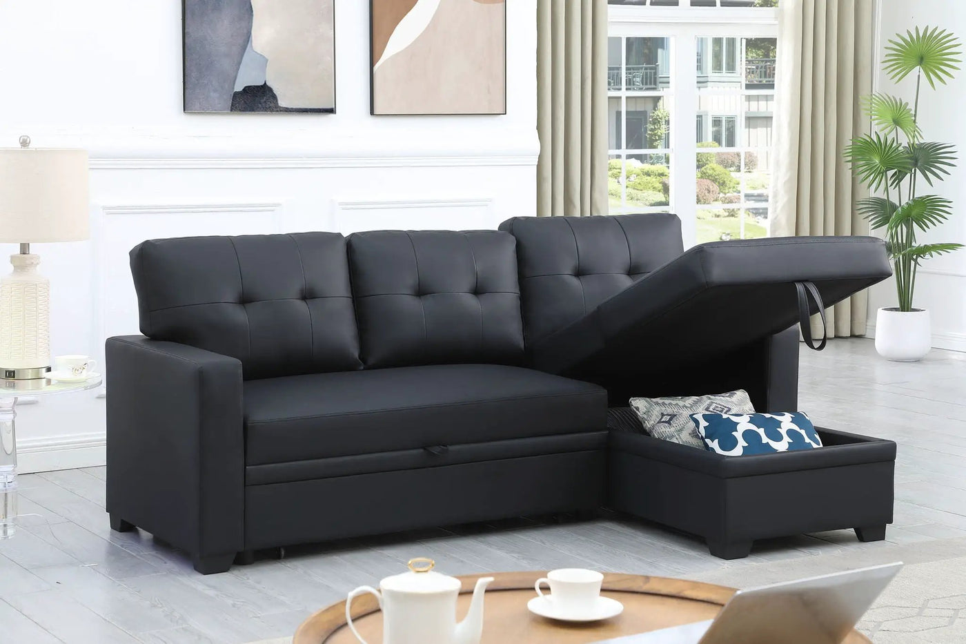 Upholstered Pull Out Sectional Sofa With Chaise by Unique Piece Furniture