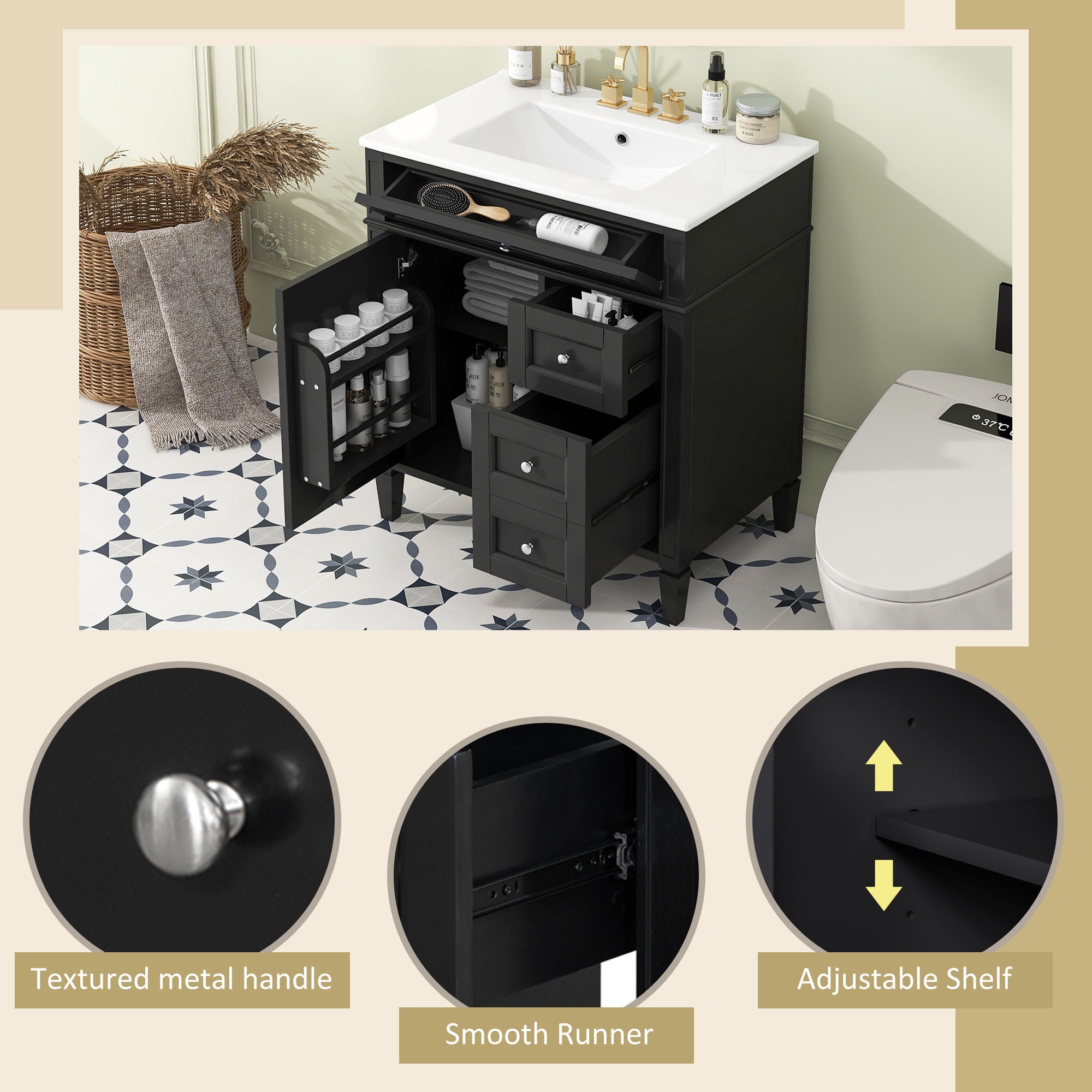 Bathroom Vanity With Top Sink, 2 Drawers & Tip Out Drawer