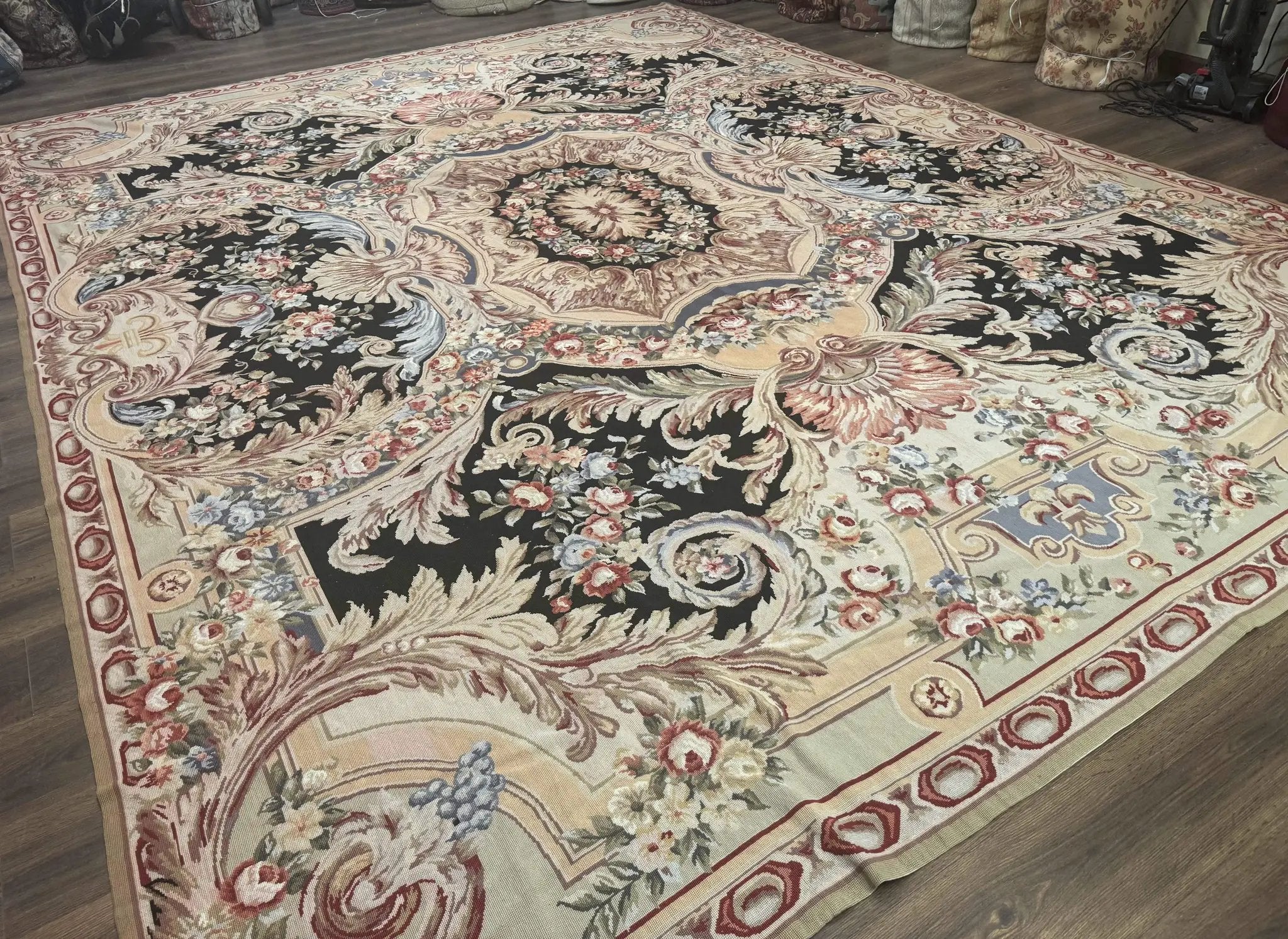 Wonderful Needlepoint Rug 10x14, Large Aubusson Carpet, Floral, Elegant, European Design by Jewel Rugs