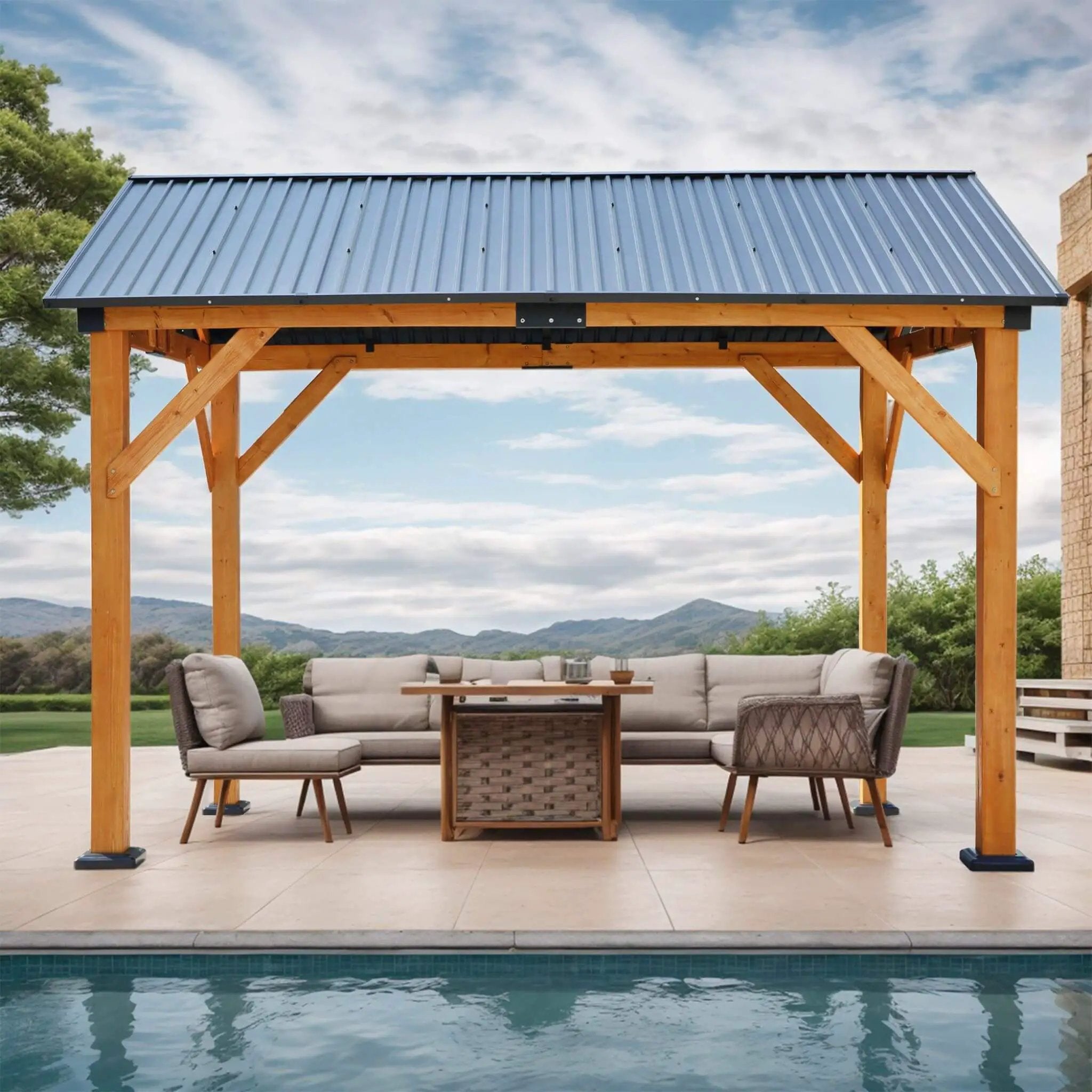 [09X11FT] Alora Heavy-Duty All-Weather Hardtop Wooden Carport Gazebo With Galvanized Steel Roof (SAK39187) by SAKSBY WHOLESALE