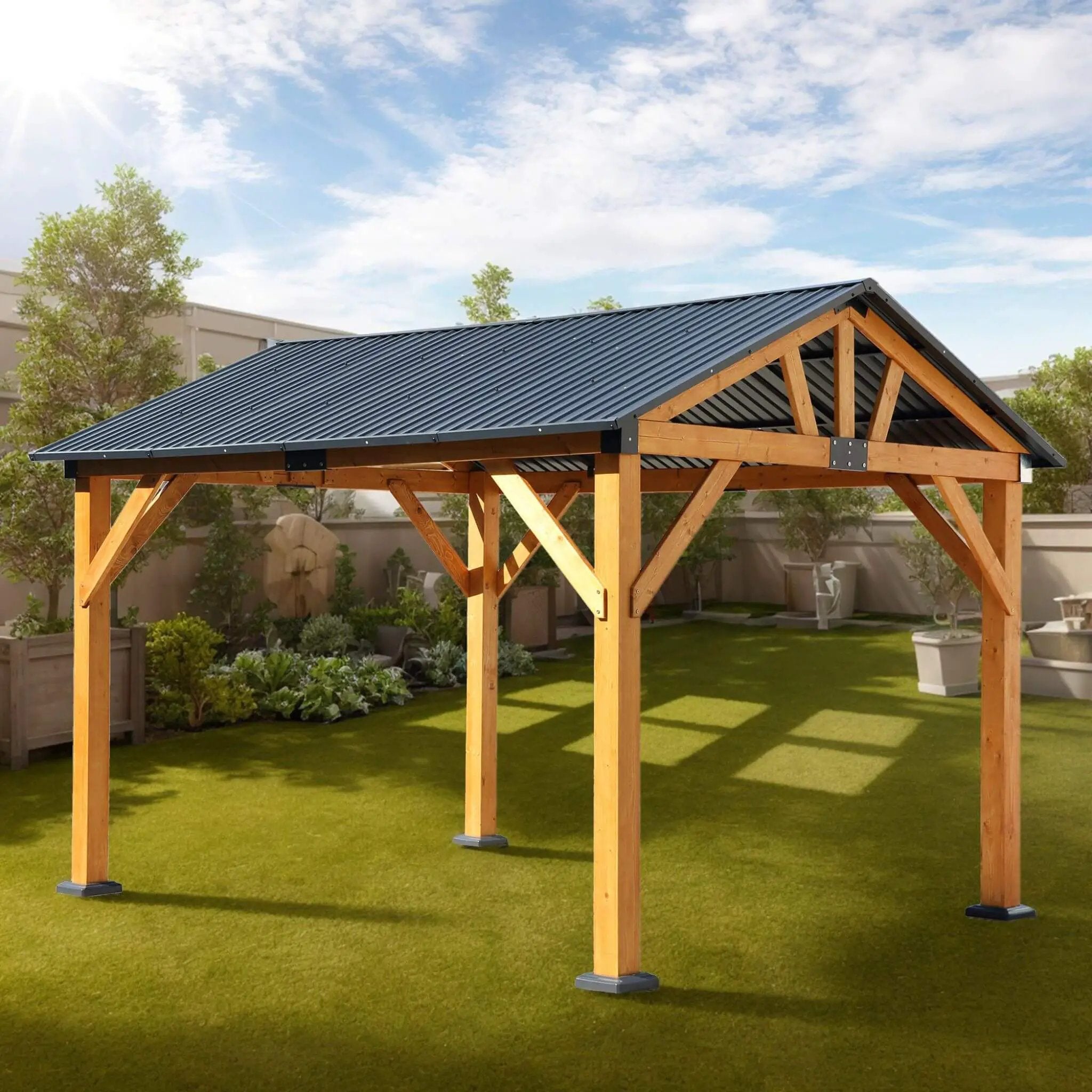 [09X11FT] Alora Heavy-Duty All-Weather Hardtop Wooden Carport Gazebo With Galvanized Steel Roof (SAK39187) by SAKSBY WHOLESALE