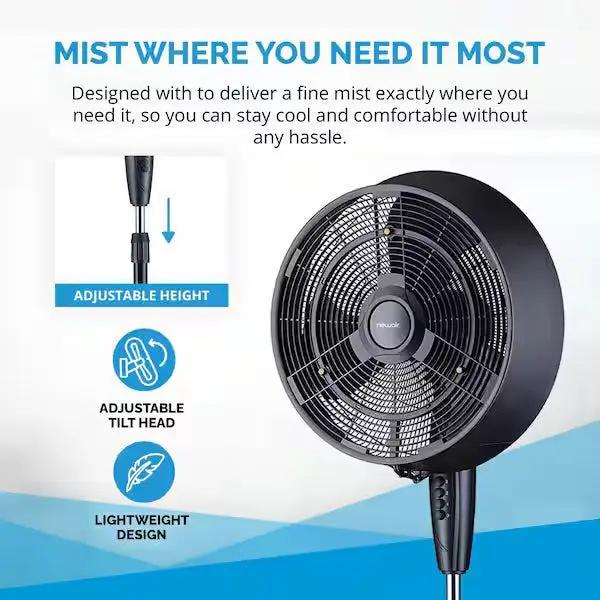 Open Box Newair 18 in. 3-Speed Wide-Angle Oscillating Outdoor Misting Fan and Pedestal Fan for Cool Down 500 sq. ft. - Black by Selzalot