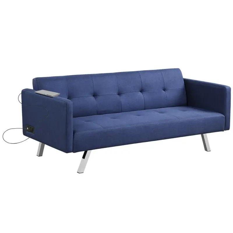 3 Seat Convertible Linen Fabric Futon Sofa with USB and Power Strip by DirectDeals