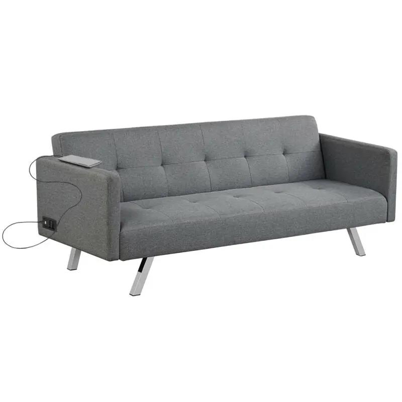 3 Seat Convertible Linen Fabric Futon Sofa with USB and Power Strip, photo 2 of 16