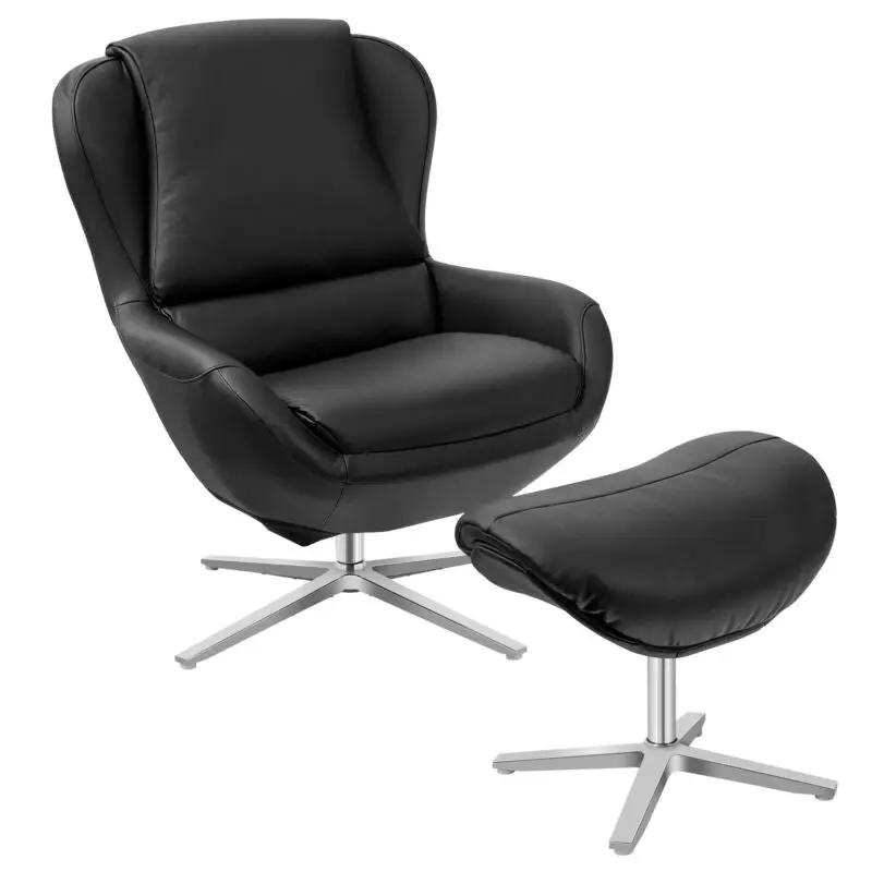 360¬∞ Swivel Leather Lounge Chair with Ottoman and Aluminum Alloy Base by DirectDeals