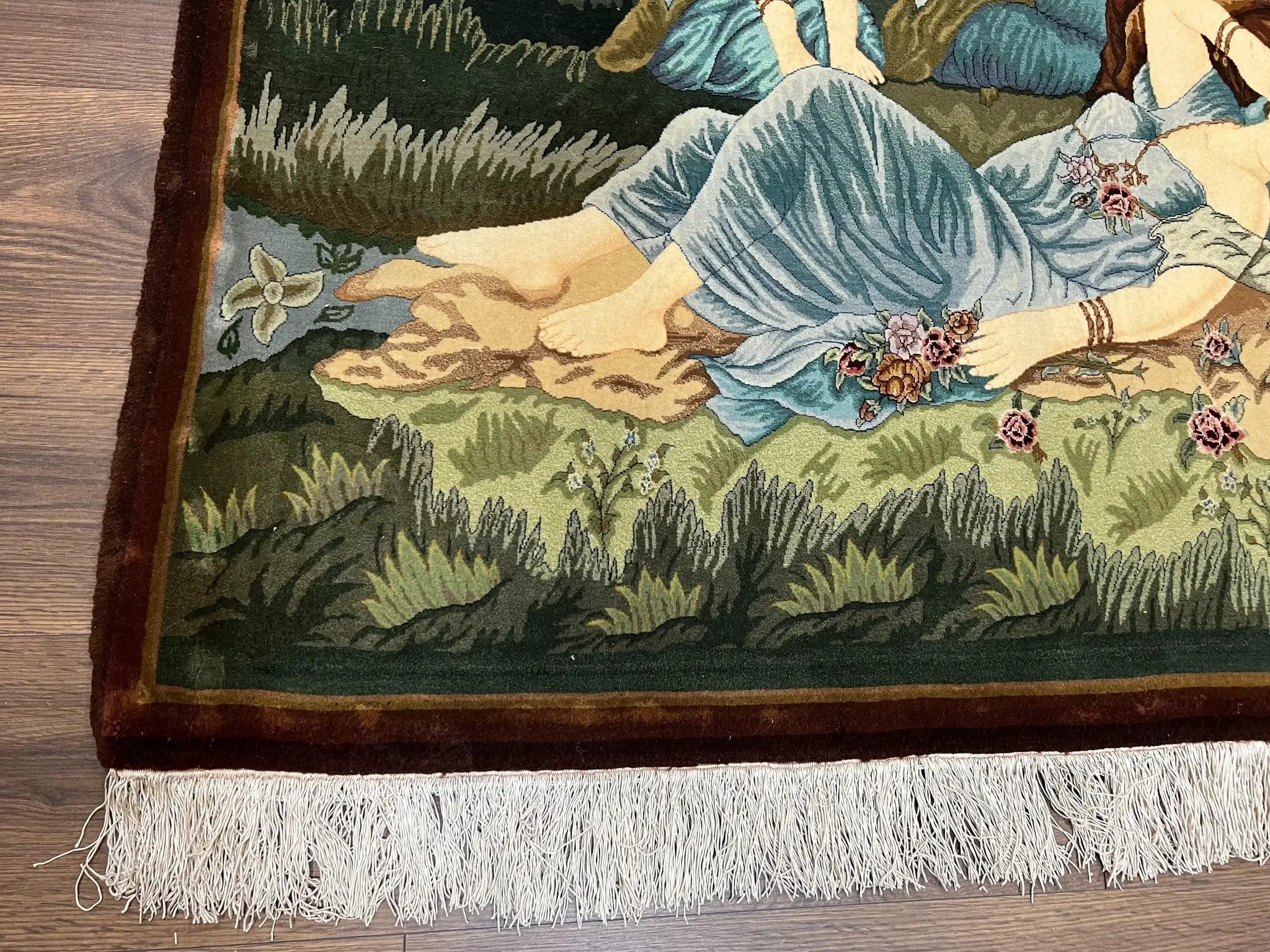 Persian Tabriz Pictorial Rug 5x3, Women Laying By River, Super Fine 60 Raj 480+ KPSI, Hand Knotted Wool Rug, Semi Antique Vintage Oriental Carpet by Jewel Rugs
