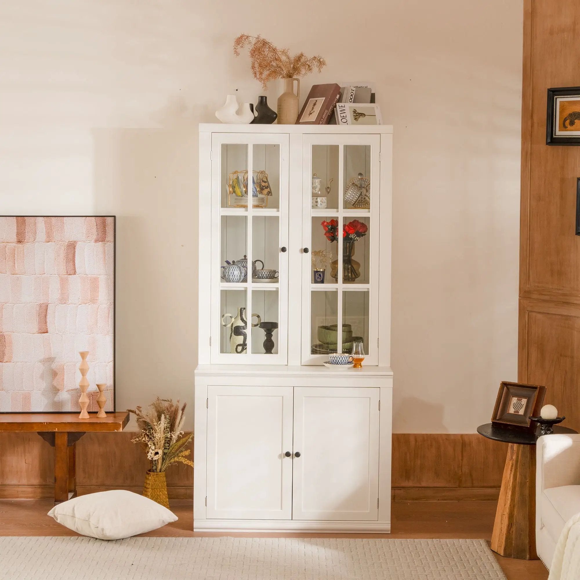 Retro Style Hutch Cabinet With Glass Door, China Cabinet For Home by Unique Piece Furniture