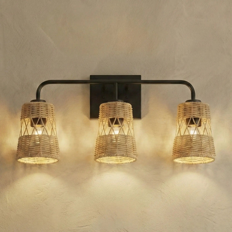 Moonlit - 3 Lights Wall Sconce With Shade, Bathroom Lighting Fixtures Over Mirror - Black / Rattan by Unique Piece Furniture