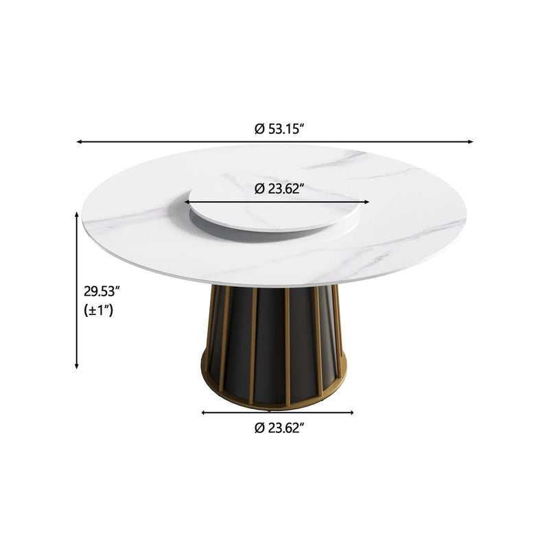 53.15" Modern Artificial Stone Round Panel Metal Iron Base Dining Table, Can Accommodate 6 People-23.62" Artificial Stone Turntable (Not Including Chairs) - White / Black by HouseOfZazla