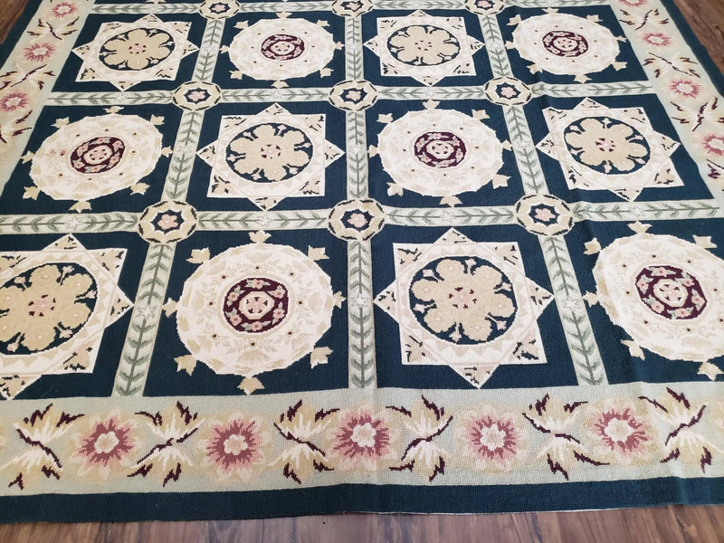 Vintage Chinese Needlepoint Rug 6x9, Panel Design Area Rug Wool Hand-Woven Black & Ivory Carpet Flat Weave Bedroom Rug 6 x 9 Living Room Rug by Jewel Rugs