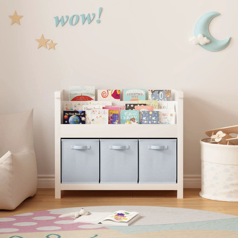 Bookshelf With 3 Tier Front Facing Storage And 3 Bins, Toddler Bookcase For Playroom - White by Unique Piece Furniture