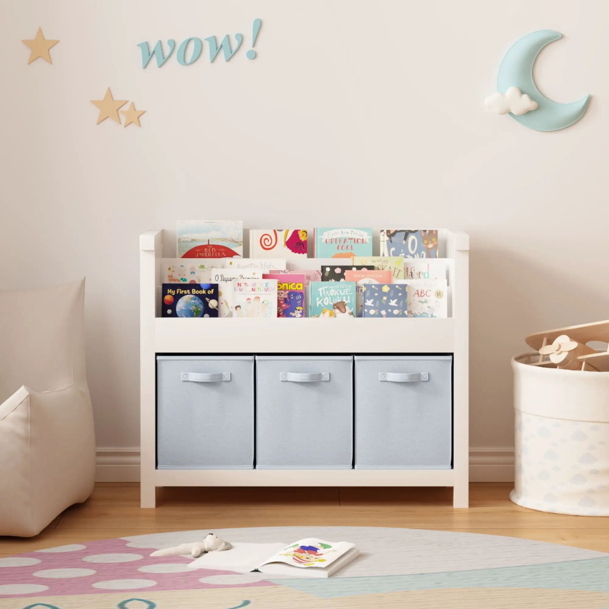 Bookshelf With 3 Tier Front Facing Storage And 3 Bins, Toddler Bookcase For Playroom - White by HouseOfZazla