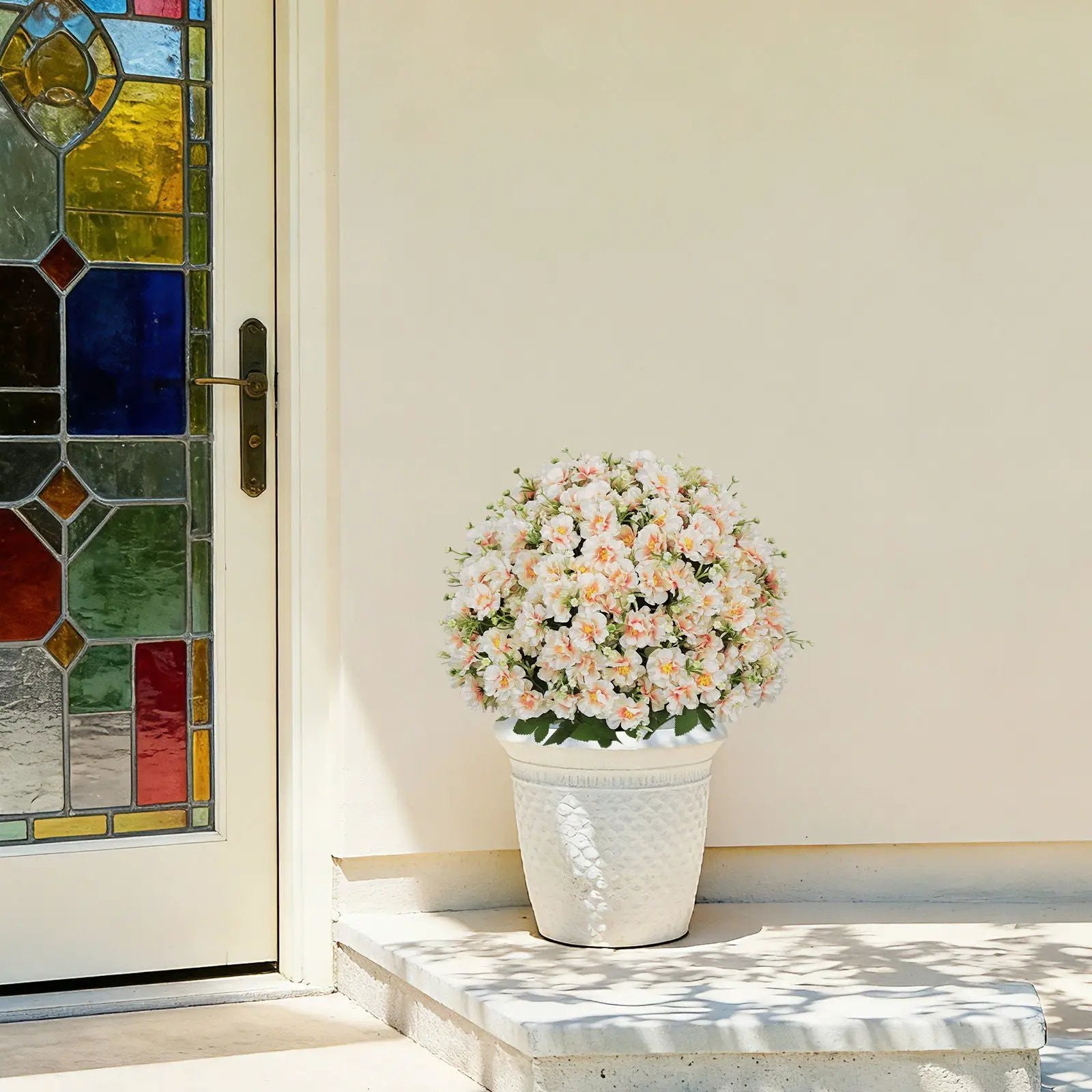 Artificial Snow Lotus Potted Plant, Artificial Floral Decor For Indoor & Outdoor Spaces - White / Pink by Unique Piece Furniture