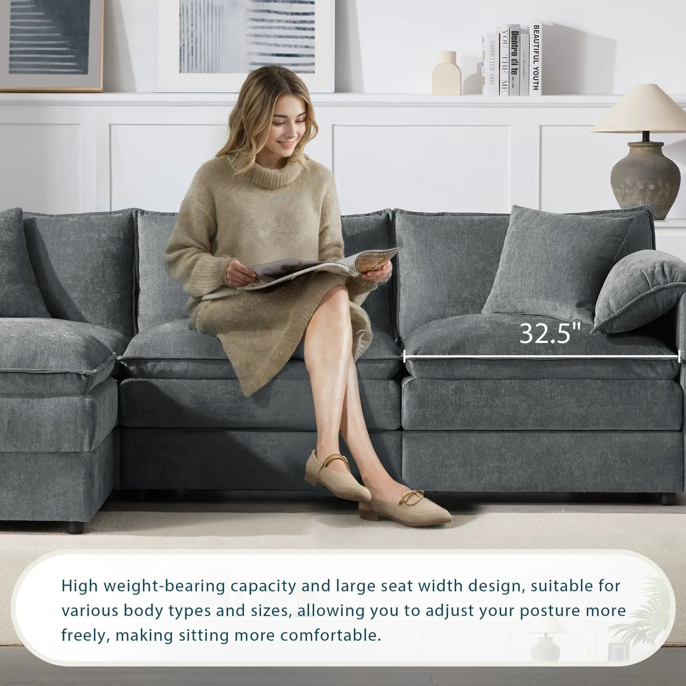 Modular Sectional With Deep And Wide Seat, Cloud Couch Set With Double Cushions Sofa With Movable Ottoman by Unique Piece Furniture