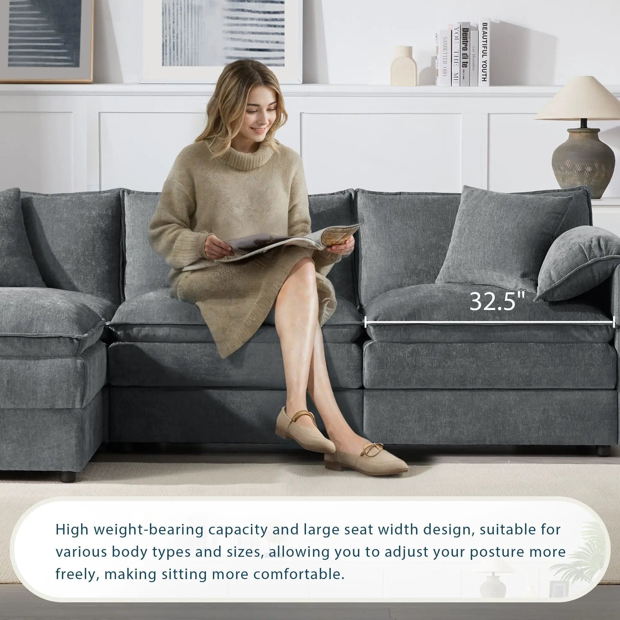 Modular Sectional With Deep And Wide Seat, Cloud Couch Set With Double Cushions Sofa With Movable Ottoman by HouseOfZazla