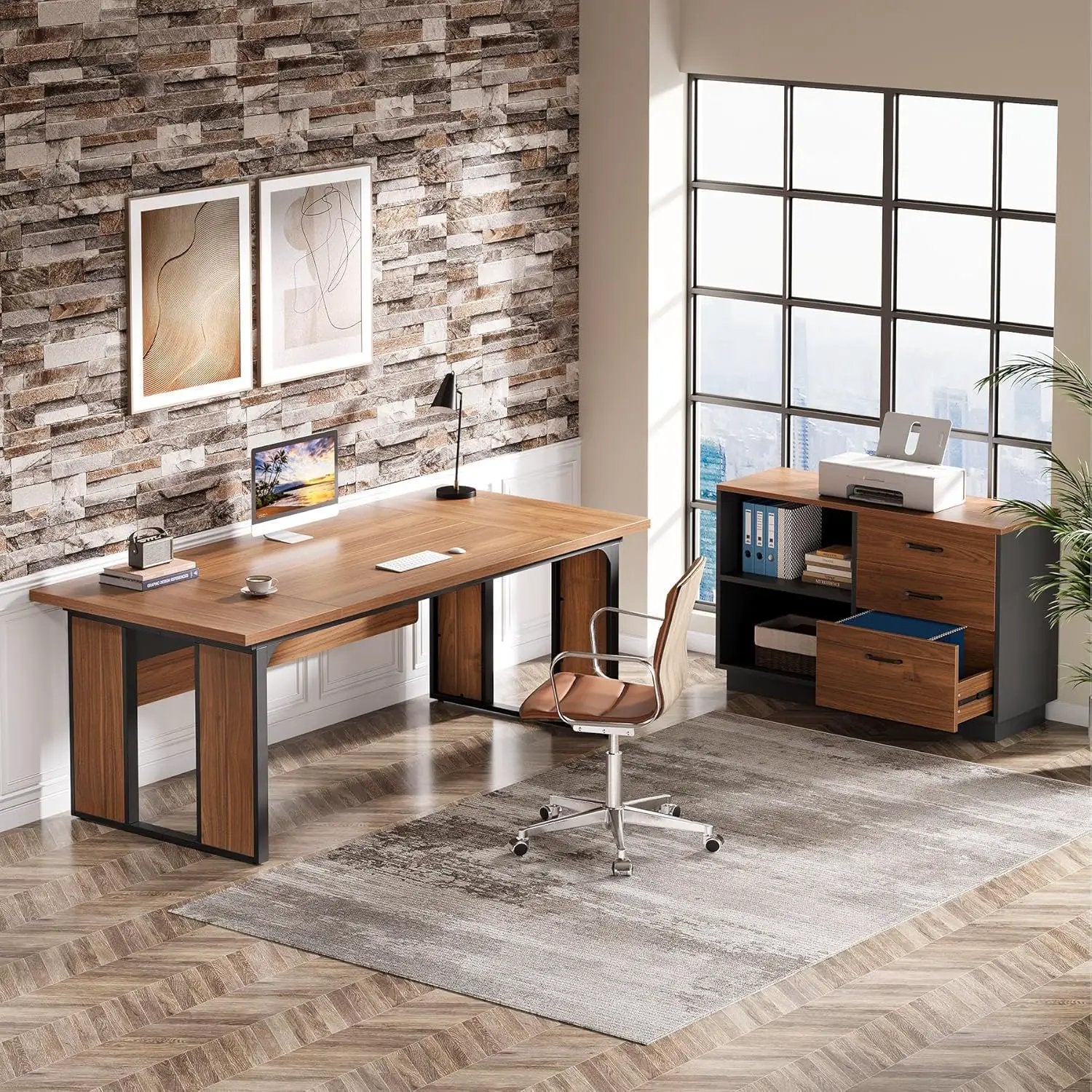 L-Shaped Executive Desk With File Cabinet, Office Computer Desk With Drawers & Open Shelves, Workstation For Home Office - Brown / Black by HouseOfZazla