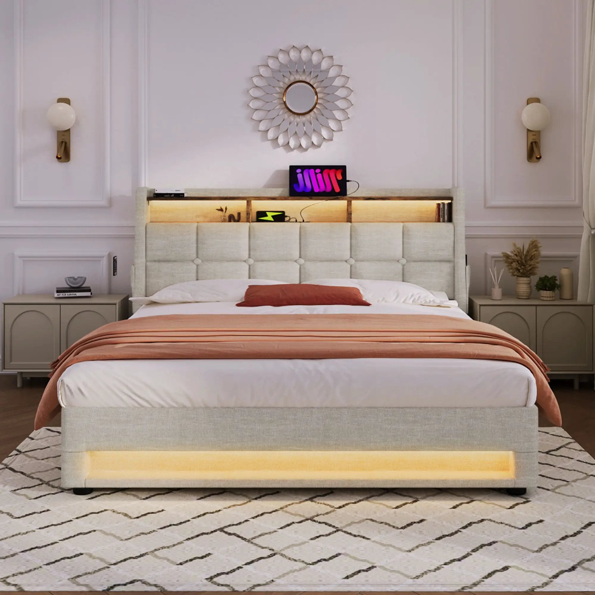 Platform Bed With Hydraulic Storage, LED Lighting & Charging Station by HouseOfZazla