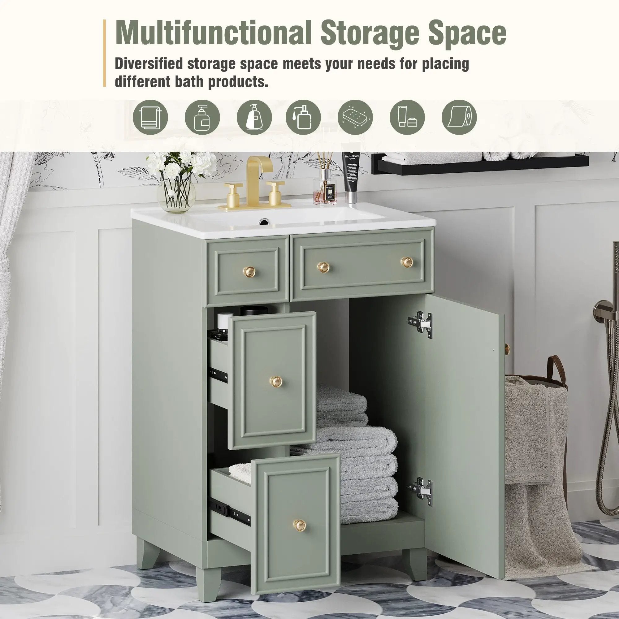 Transitional Style Bathroom Vanity Cabinet With Ceramic Sink