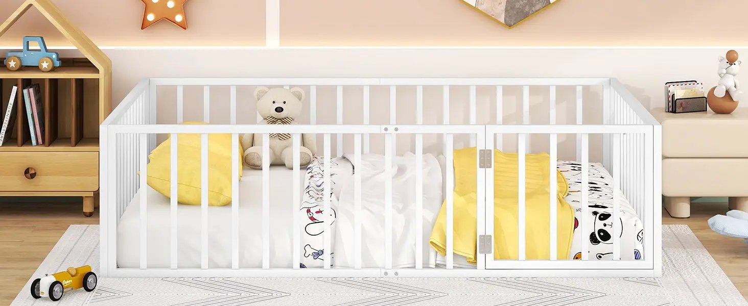 Metal Floor Bed Frame With Fence And Door by HouseOfZazla