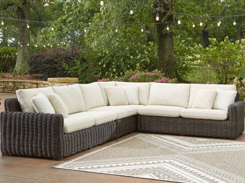 Kimora - 7 Pc. - 4-Piece Outdoor Sectional, Swivel Glider Lounge, Cocktail Table, End Table - Beige / Dark Brown by Unique Piece Furniture