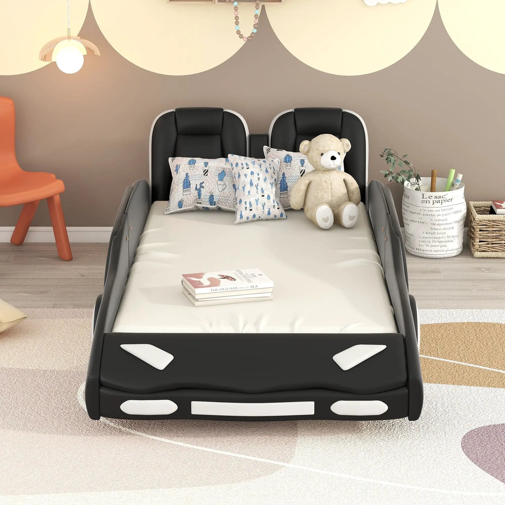 Race Car Shaped Twin Platform Bed With Wheels, Pine Wood Construction by Unique Piece Furniture