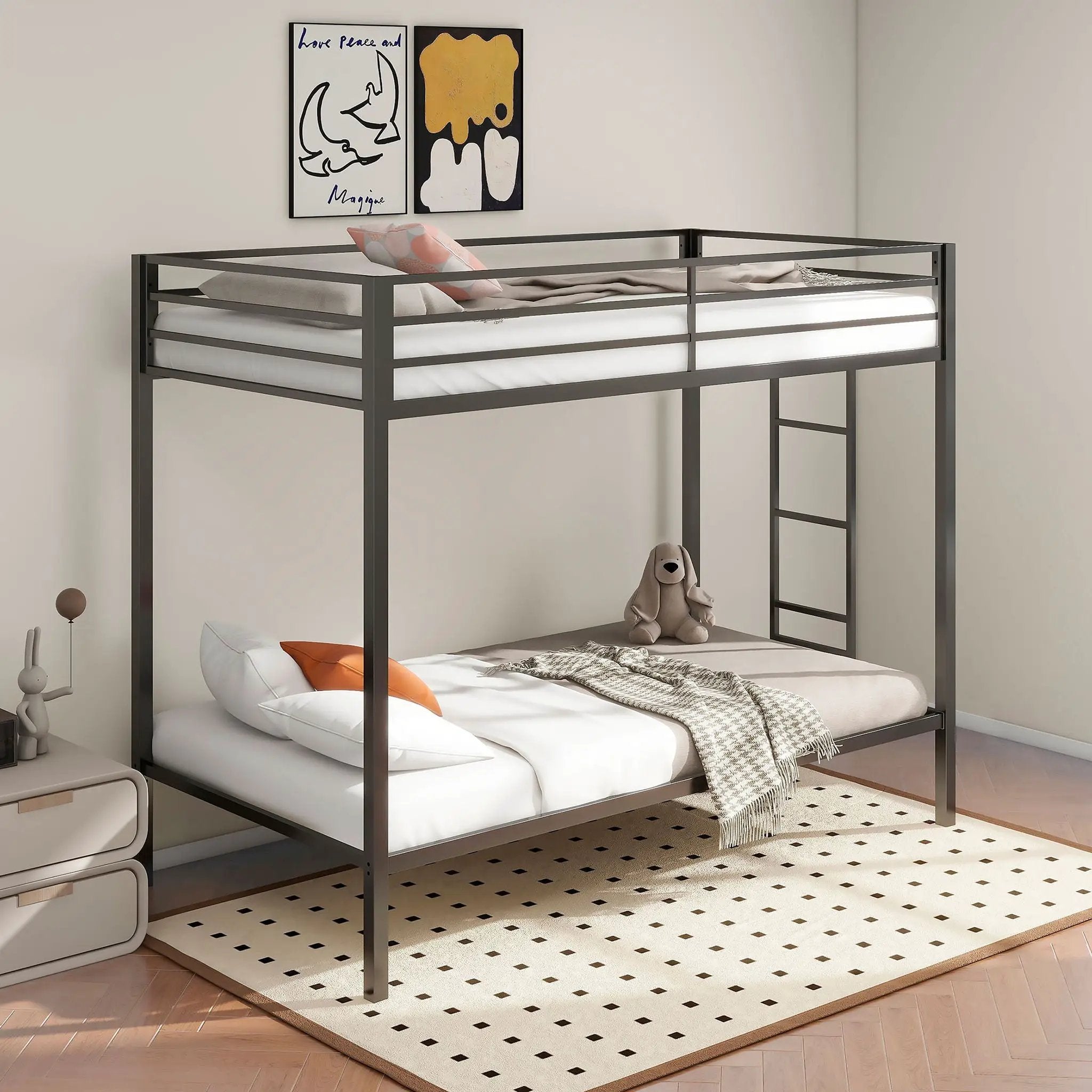 Alevera Metal Twin Over Twin Bunk Bed with Ladder Black by Unique Piece Furniture