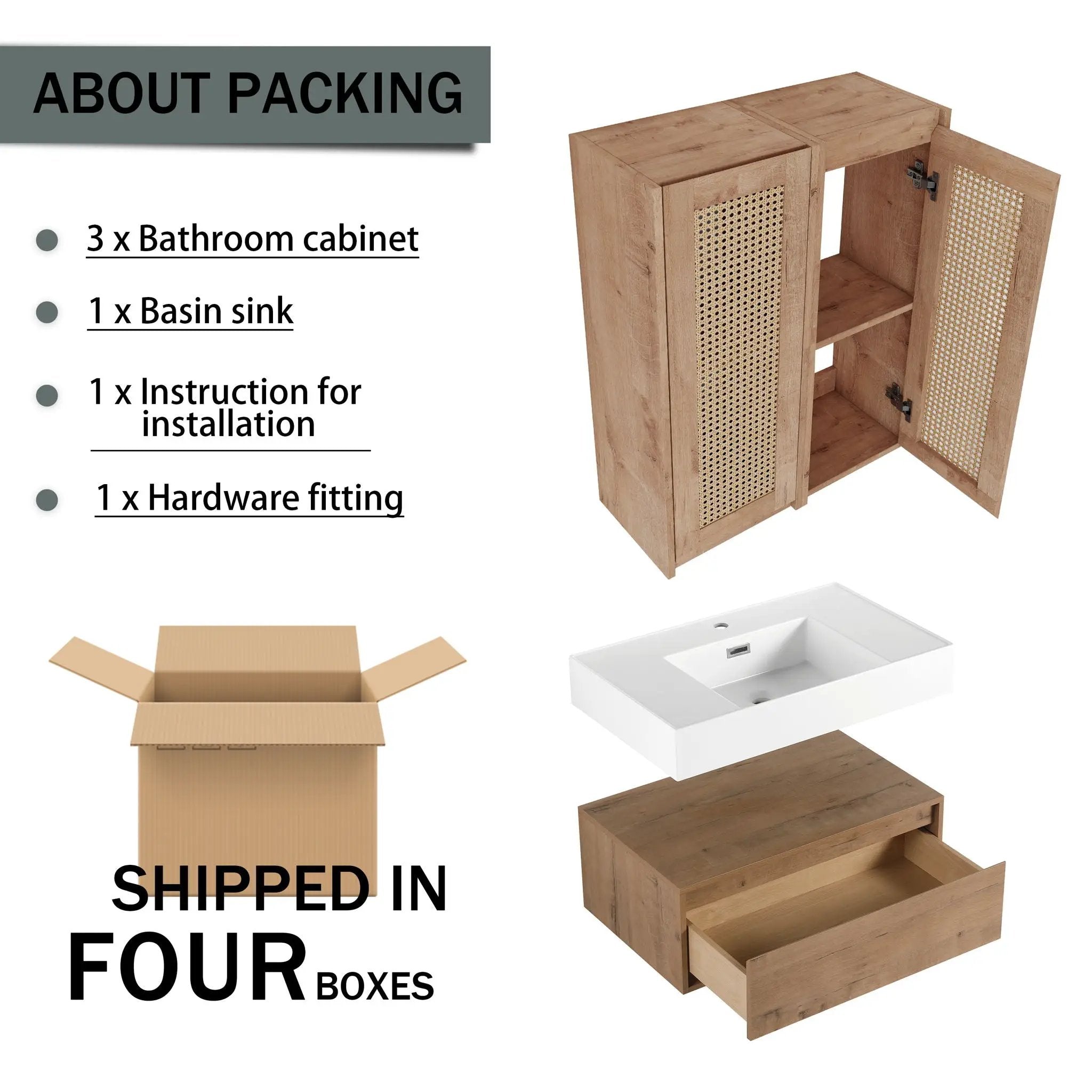 Modern Imitative Wall Mounted Bathroom Vanity With Resin Sink & 2 Side Cabinet, Soft Close Drawer - Imitative Oak by Unique Piece Furniture