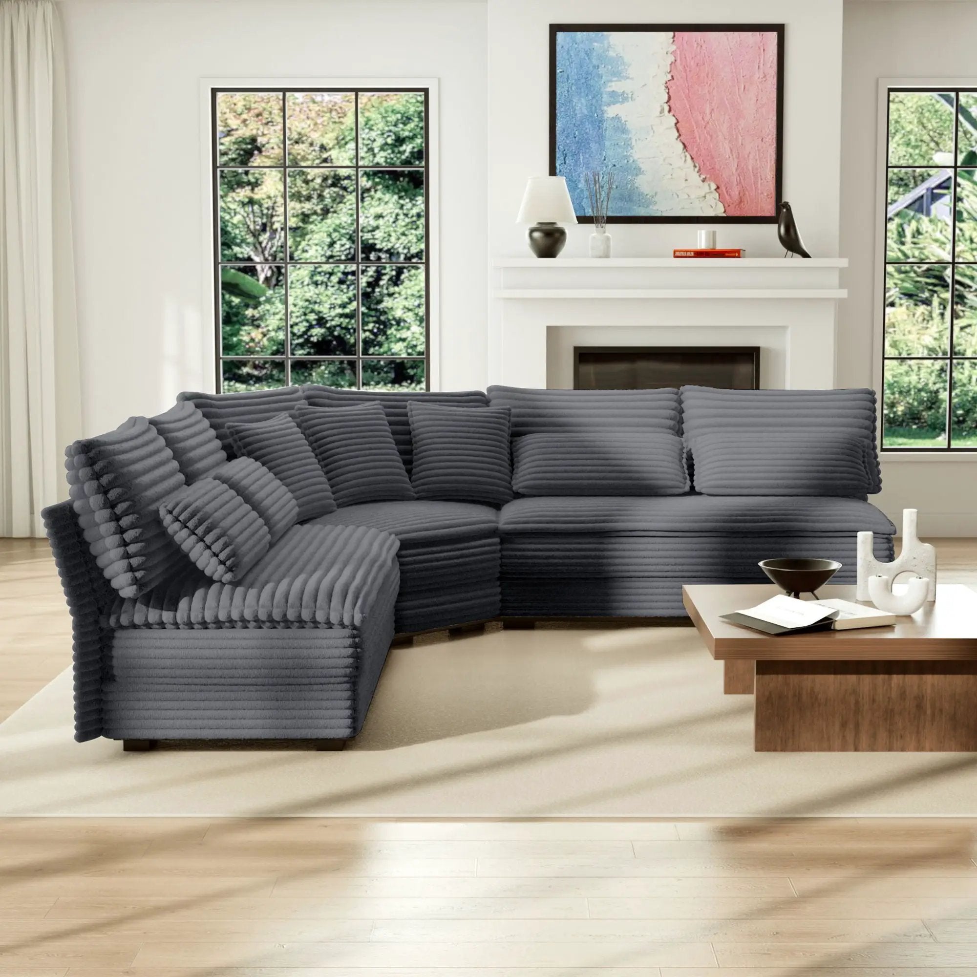 5 Seater L Shaped Sectional Sofa With Curved Corner, 7 Pillows by Unique Piece Furniture