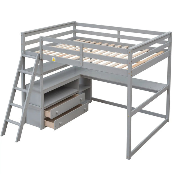 Modern Loft Bed With Built In Desk, Shelves, And 2 Drawers