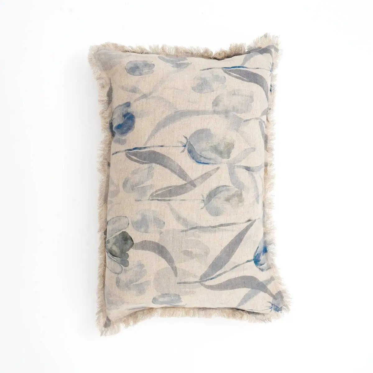 Linen Printed Lumbar Throw Pillow with Fringes (Blue & Grey) 16x24 by HouseOfZazla