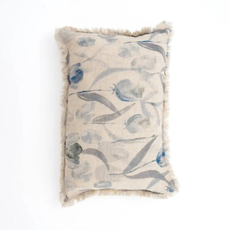 Linen Printed Lumbar Throw Pillow with Fringes (Blue & Grey) 16x24 by HouseOfZazla