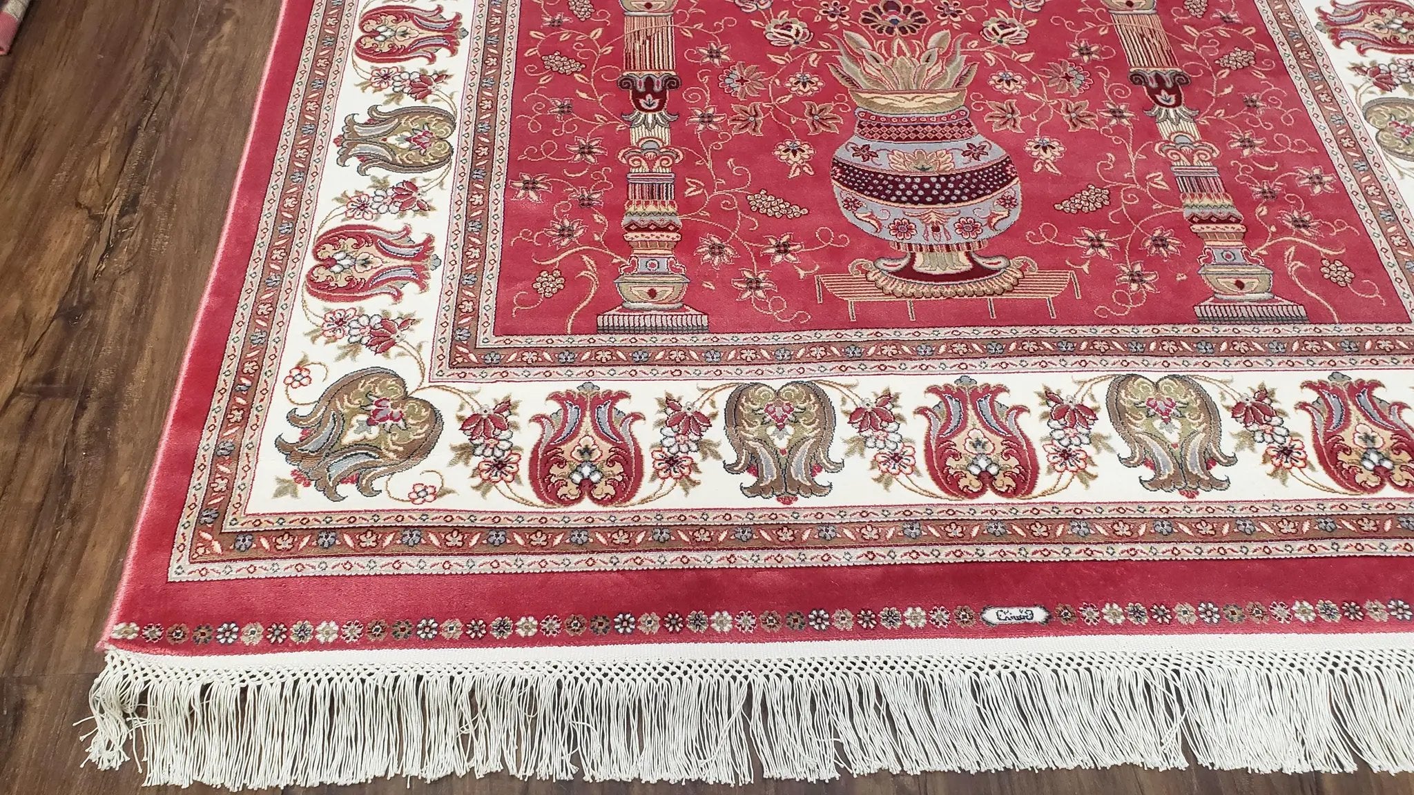 4 x 6 Silk Carpet Red, Traditional Oriental Rug 4x6, Flower Vase Columns, Turkish Rug New, High Quality, Bamboo Silk, Area Rug by Jewel Rugs