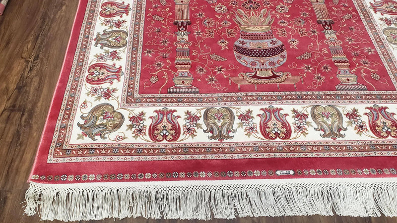 4 x 6 Silk Carpet Red, Traditional Oriental Rug 4x6, Flower Vase Columns, Turkish Rug New, High Quality, Bamboo Silk, Area Rug by Jewel Rugs