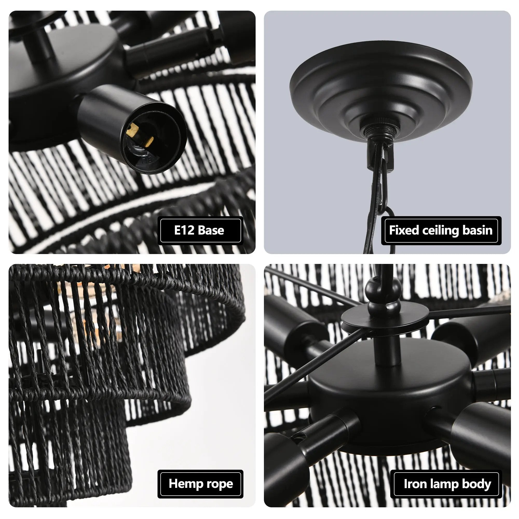 24" Rustic 5-Tier Black Hemp Rope Pendant Light Chandelier by HouseOfZazla