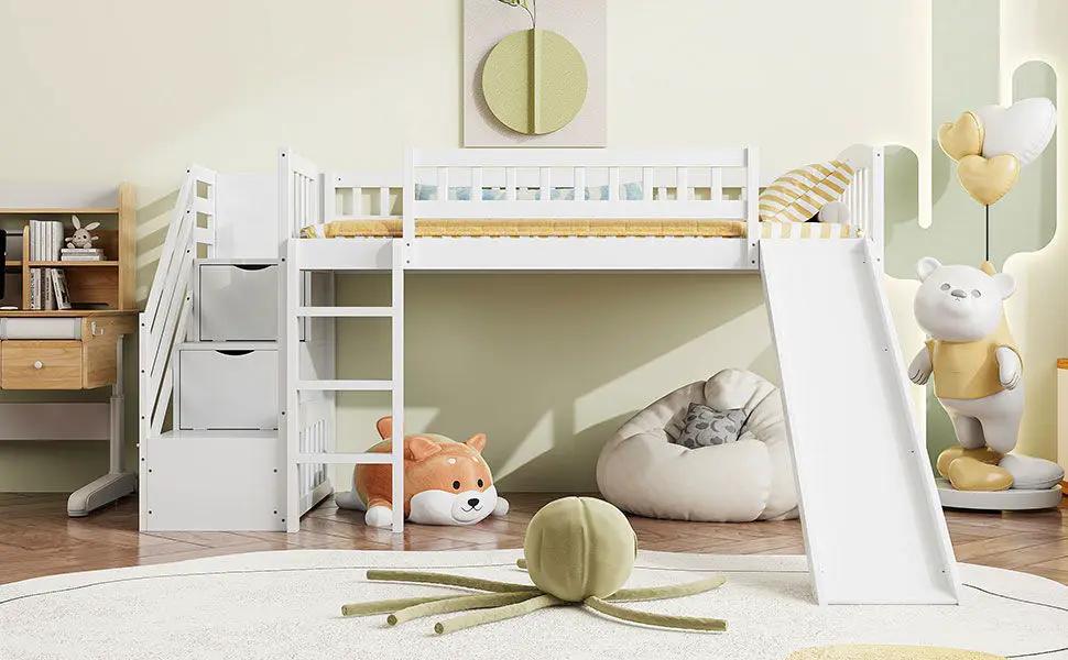 Loft Stairway Bed With 2 Drawers, Convertible Ladder And Slide by HouseOfZazla