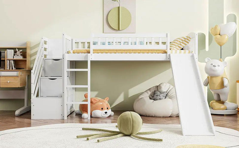 Loft Stairway Bed With 2 Drawers, Convertible Ladder And Slide