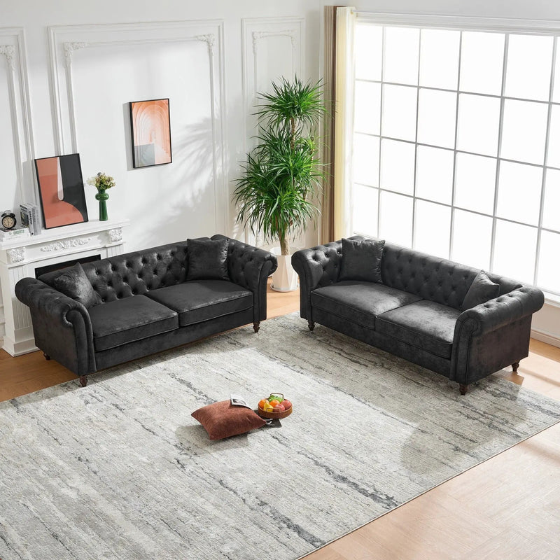 Chesterfield 3 And 3 Seater Sofa Set High Tech Fabric Roll Armrest Upholstered Couch by Unique Piece Furniture