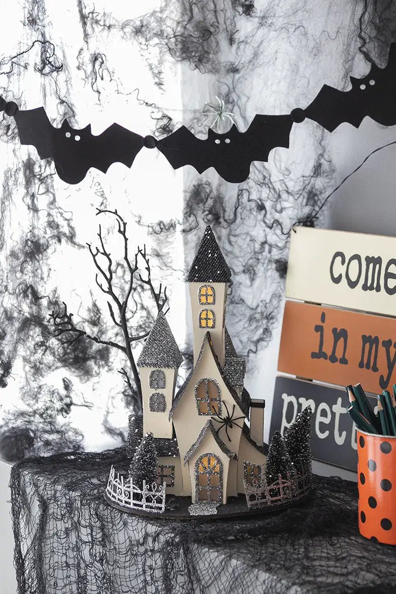 Cardboard Lighted Haunted House, Tabletop Holiday Halloween Decor, Battery Powered - Beige / Black by HouseOfZazla