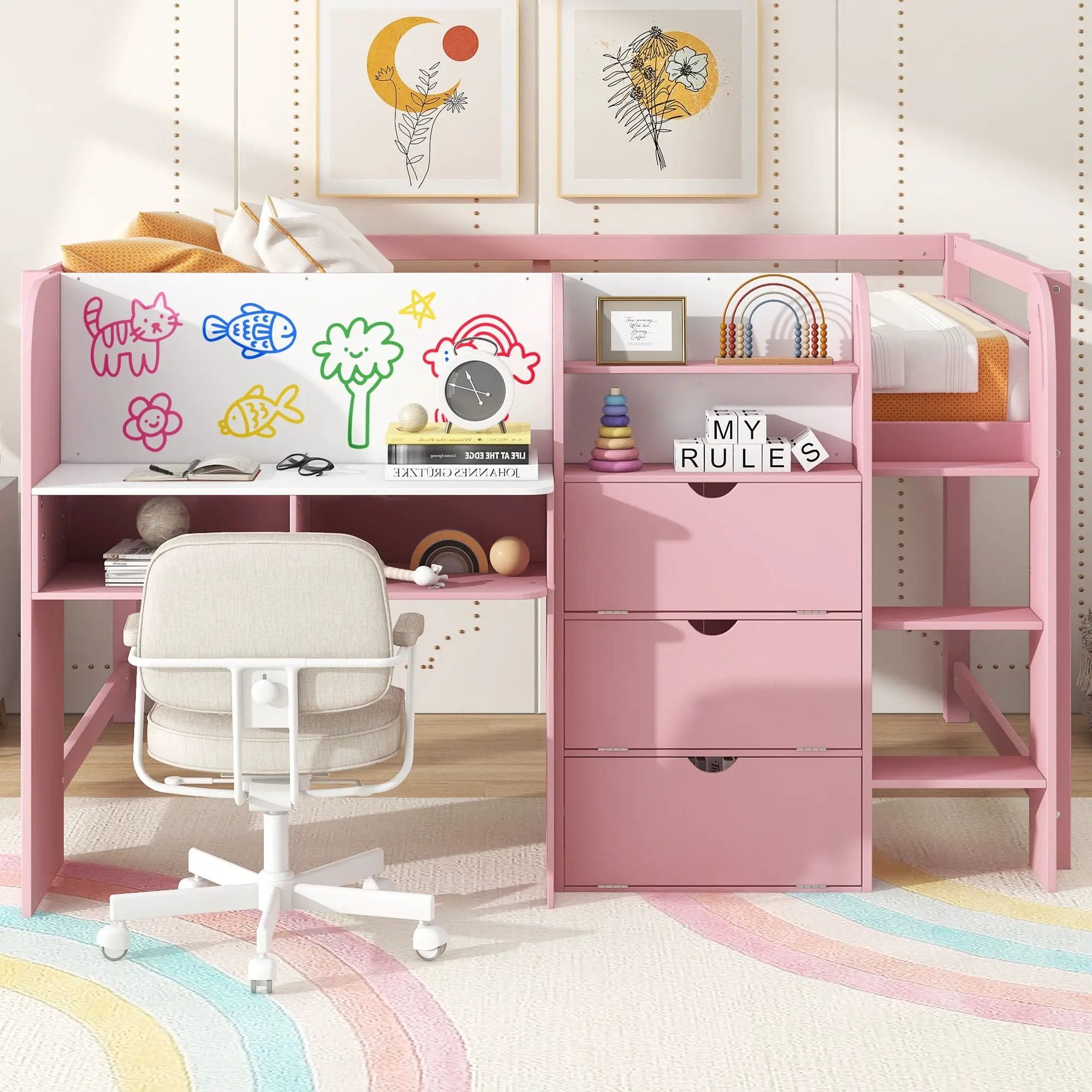 Low Loft Bed With Built In Desk, Storage Cabinets, Open Bookcase And Doodle board by Unique Piece Furniture