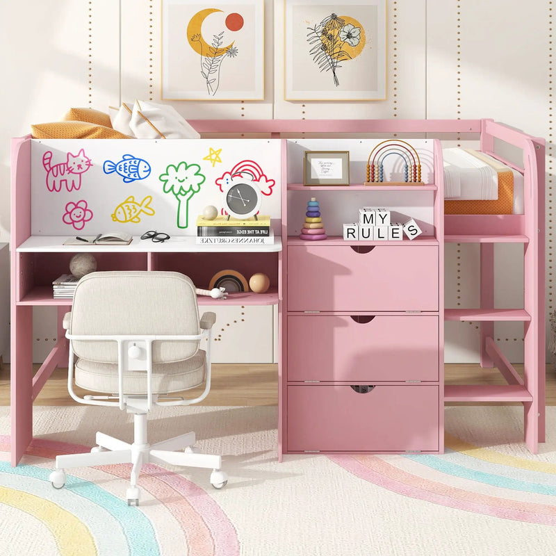 Low Loft Bed With Built In Desk, Storage Cabinets, Open Bookcase And Doodle board