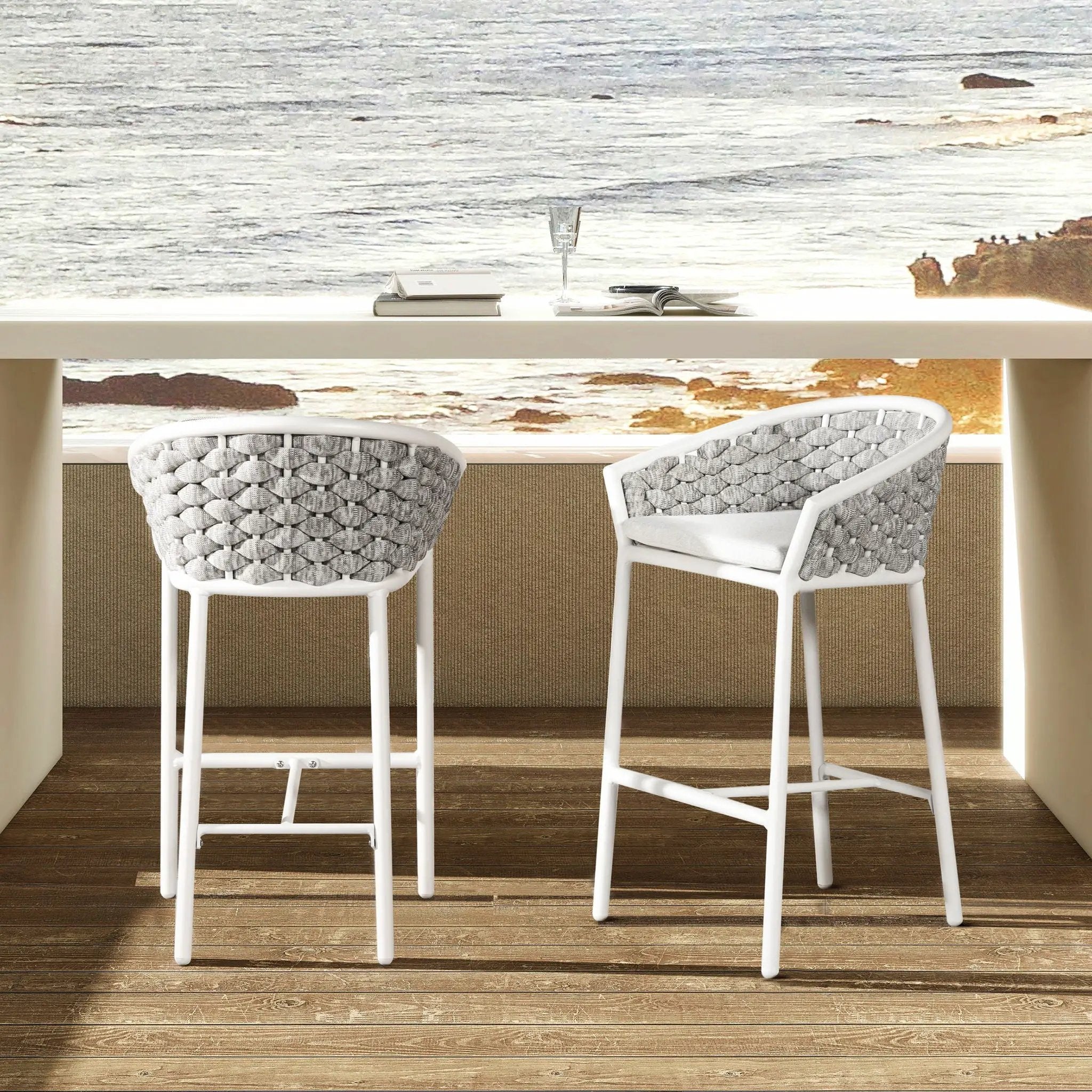 Rowan - Rope Barrel Low Back Patio Counter Stool (Set of 2) - Optic White by Unique Piece Furniture