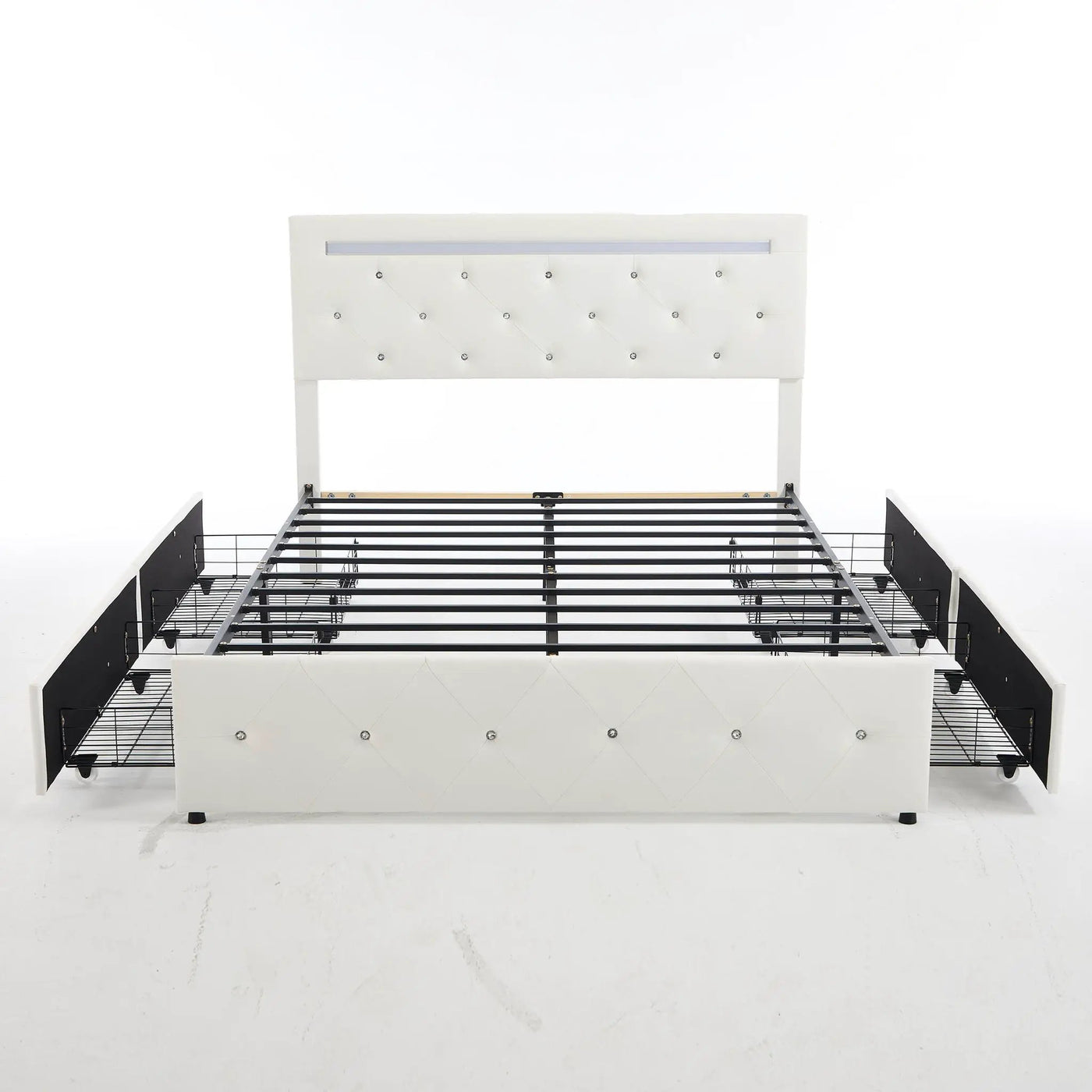 Upholstered Bed Frame With LED Lights, 4 Storage Drawers, Charging Station by HouseOfZazla