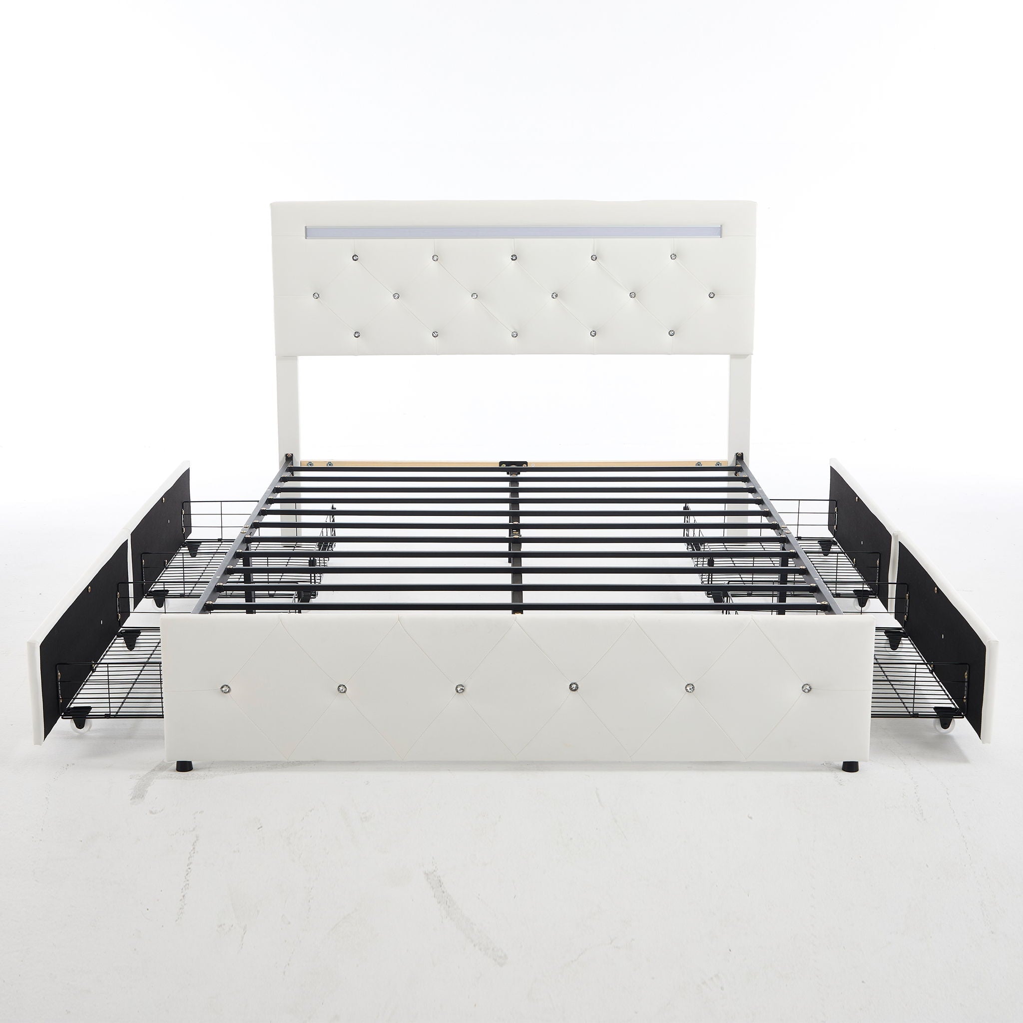 Upholstered Bed Frame With LED Lights, 4 Storage Drawers, Charging Station by HouseOfZazla